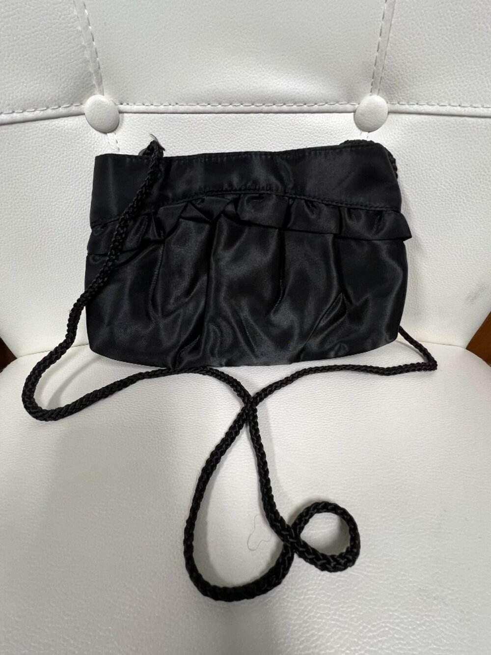 Black satin purse with braided strap glamour party eveningwear vintage goth